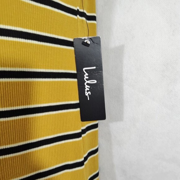 Lulus Black Brown Striped Midi Sheath Dress Mockneck Women Size M Sleeveless NEW - Picture 3 of 8